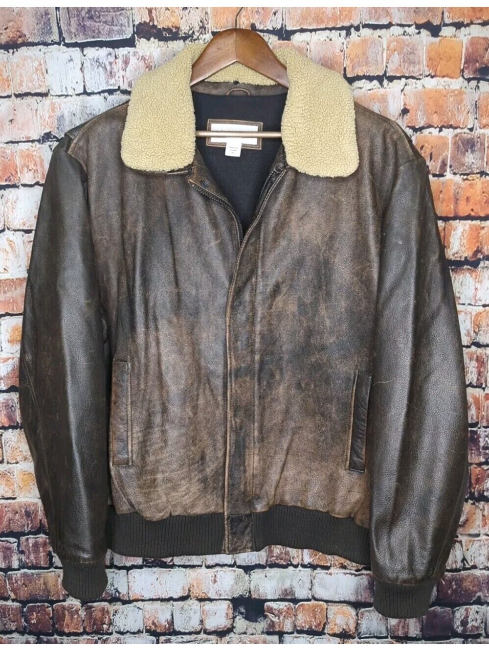 Calvin Klein Distressed Leather Aviator Bomber Jacket Sherpa Collar XL X-Large